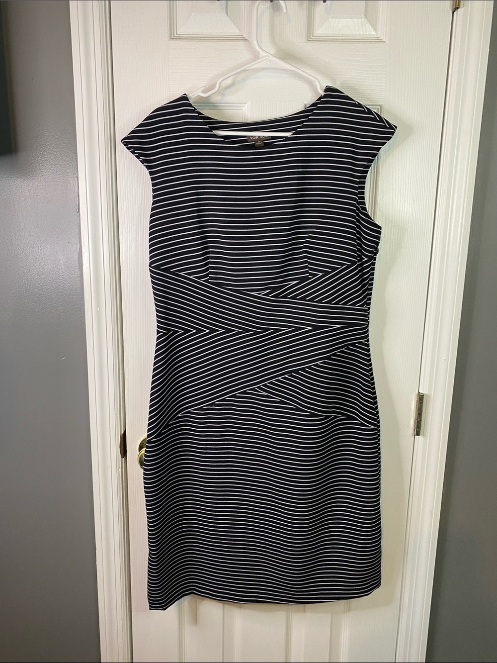 Voir Voir Black and White Striped Midi Dress Size 10.